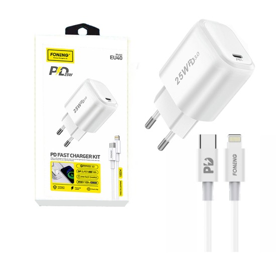 Adaptador Carregador Rápido Foneng EU40 com Cabo Tipo C a Relâmpago PD 25W Branco Adaptador Carregador Rápido Foneng EU40 com Cabo Tipo C a Relâmpago PD 25W Branco
